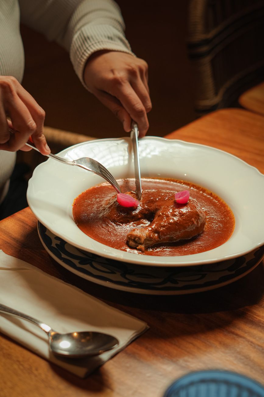 Platillo tradicional oaxaqueño con mole negro y especias