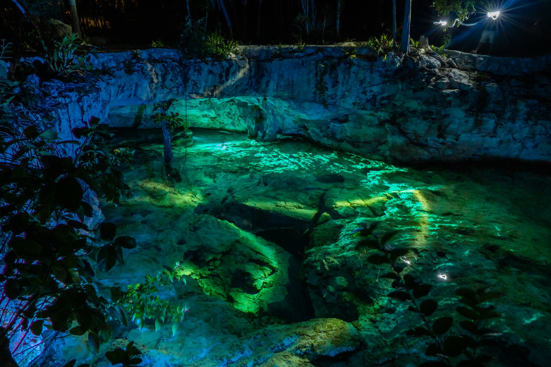 Cenote maya con aguas cristalinas turquesa y vegetación selvática